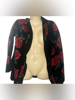 Material Girl Black Open-Front Cardigan with Red Rose Motif